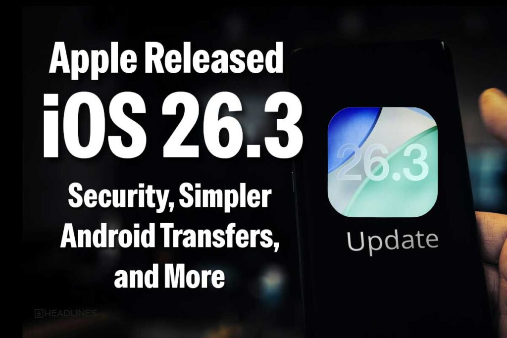 Apple iOS 26.3 update screen showing version 26.3 with security and Android transfer improvements