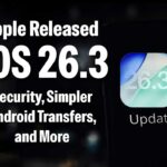 Apple iOS 26.3 update screen showing version 26.3 with security and Android transfer improvements