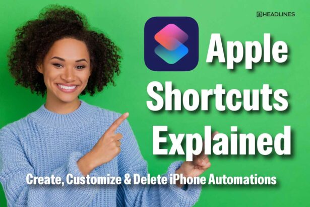 Apple Shortcuts explained thumbnail with woman pointing at Shortcuts app icon and text about iPhone automations