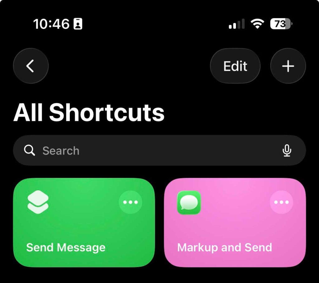 Apple Shortcuts app library screen showing All Shortcuts with Send Message and Markup and Send options