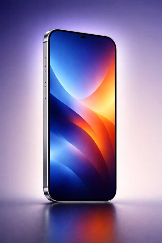 Apple iPhone 18 front view with edge-to-edge display and colorful gradient wallpaper