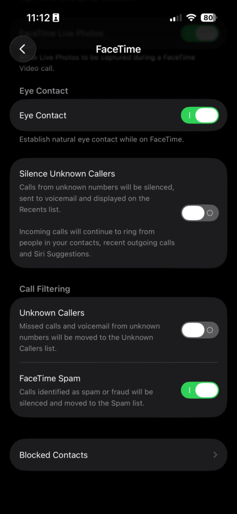 FaceTime settings showing Blocked Contacts option on iPhone