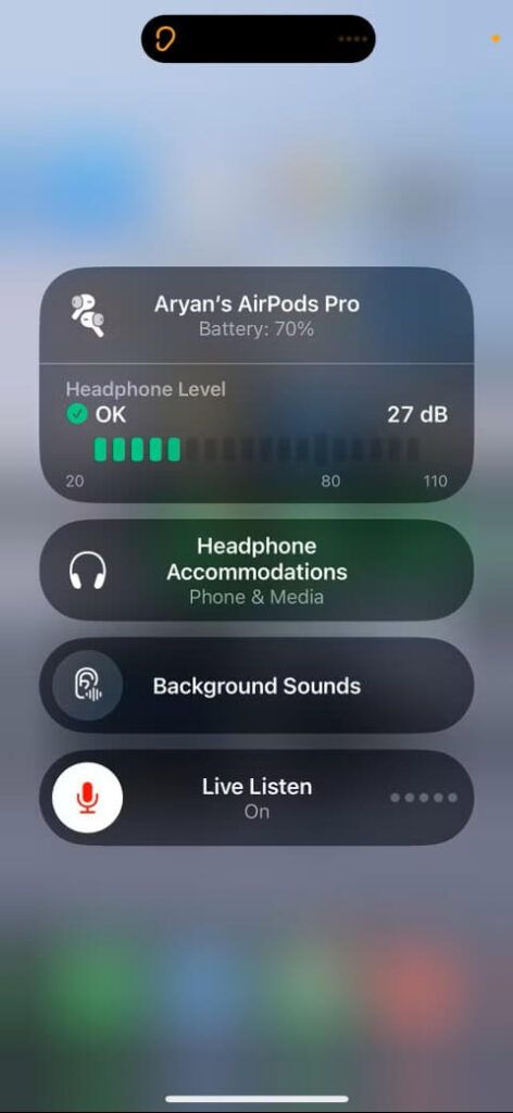 iPhone Control Center showing AirPods battery percentage