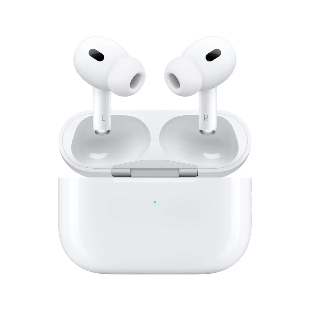 AirPods Pro in charging case showing status light to check AirPods battery on iPhone