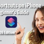 Create Shortcuts on iPhone beginner’s guide for iOS 26 showing Shortcuts app icon with a woman pointing at it.