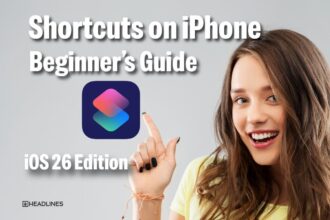 Create Shortcuts on iPhone beginner’s guide for iOS 26 showing Shortcuts app icon with a woman pointing at it.