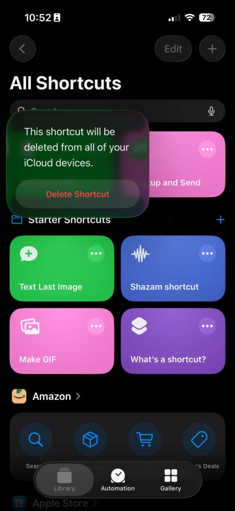 Delete shortcut confirmation popup in Apple Shortcuts app on iPhone