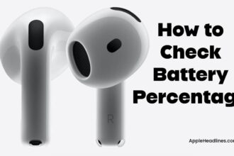 AirPods earbuds with text showing how to check AirPods battery on iPhone