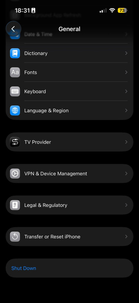 iPhone General Settings screen showing Shut Down option for how to restart iPhone without power button