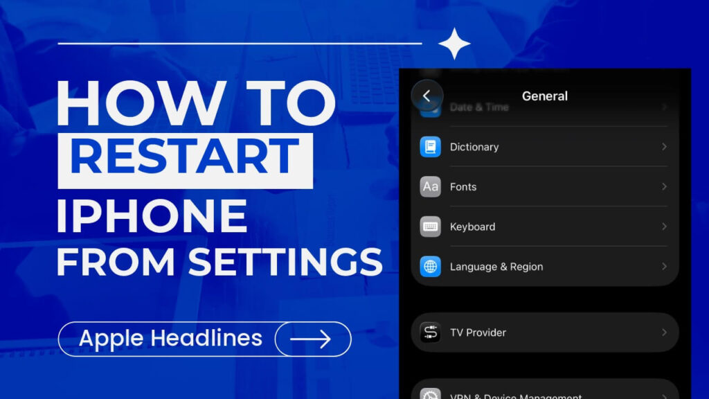 How to restart iPhone from Settings shown on tutorial banner with iPhone General menu screen