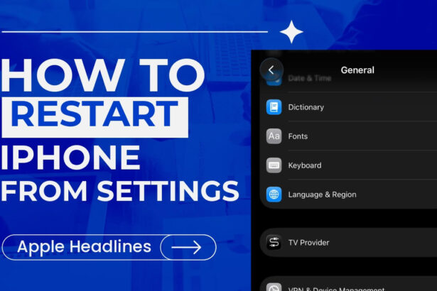 How to restart iPhone from Settings shown on tutorial banner with iPhone General menu screen