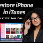 Guide showing how to restore an iPhone in iTunes with a laptop and support illustration