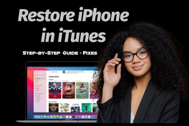 Guide showing how to restore an iPhone in iTunes with a laptop and support illustration