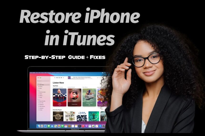 Guide showing how to restore an iPhone in iTunes with a laptop and support illustration