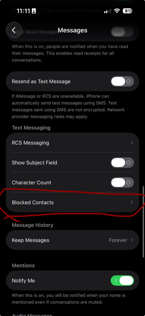 iPhone Messages settings showing Blocked Contacts option to see blocked numbers