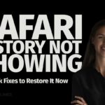 Safari history not showing on iPhone with bold text and woman on black background explaining 7 quick fixes.