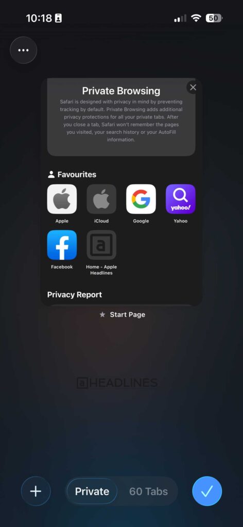 Safari Private Browsing mode enabled on iPhone showing private tab screen and favourites section.