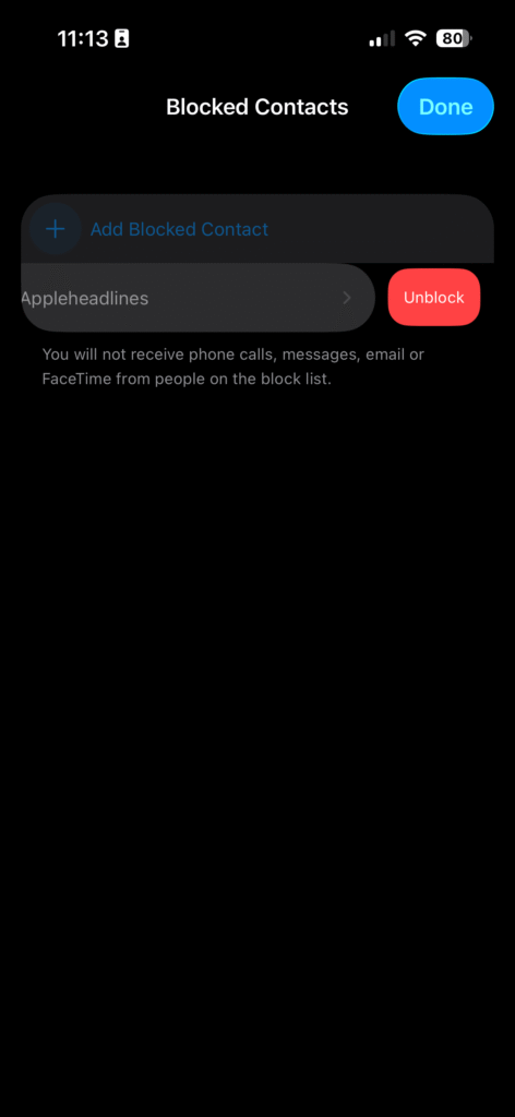 Swipe left to unblock a number in blocked contacts list on iPhone