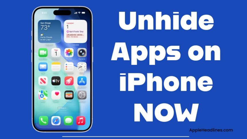 Unhide apps on iPhone home screen tutorial showing iPhone interface and app icons