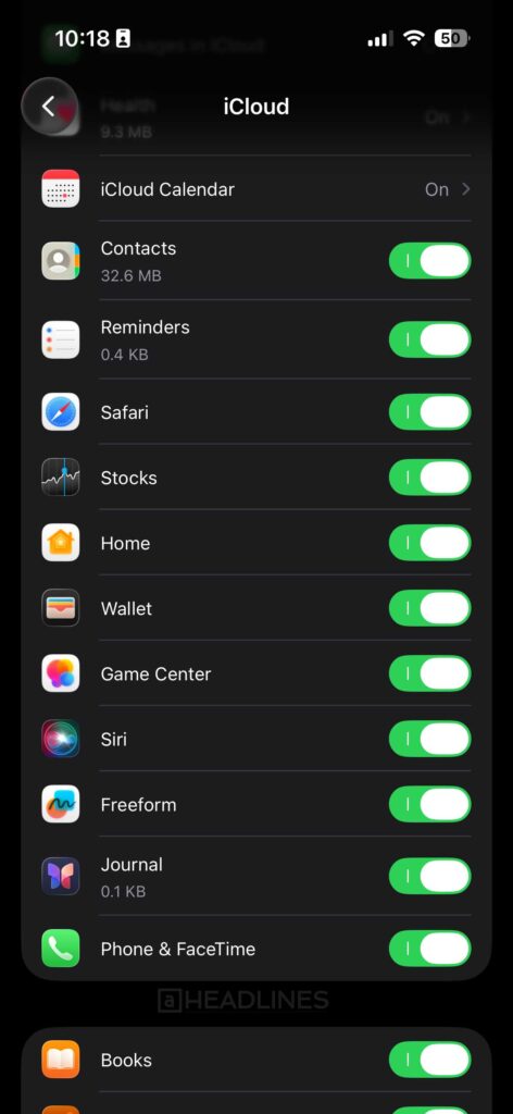 iPhone iCloud settings screen showing Safari toggle enabled along with Contacts, Reminders, and other apps.