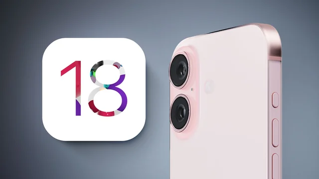 iOS 18 logo displayed next to iPhone rear camera design on a light background.