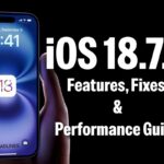 iPhone displaying iOS 18.7.5 update screen with features, fixes, and performance guide text.