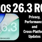 iOS 26.3 RC update graphic showing privacy, performance, and cross-platform features on a black background.