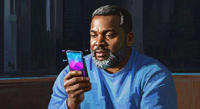 Illustration of a man holding an iPhone displaying the iOS 26.3 update screen