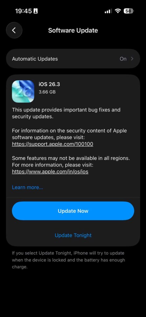 ios 26.3 screenshot captured on update setting