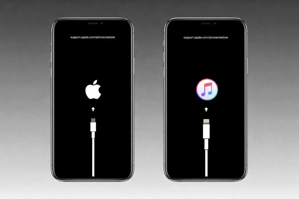 iTunes iPhone recovery mode screen showing restore and connection instructions