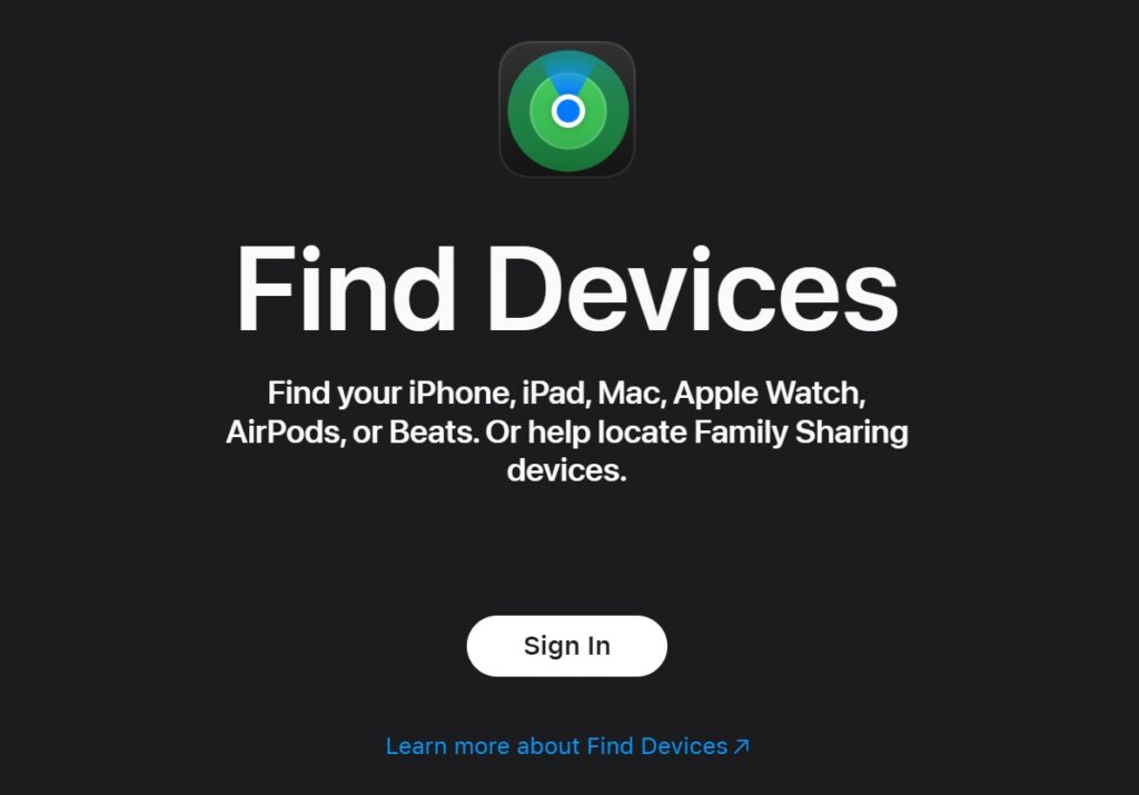 screenshot of the icloud find my iphone