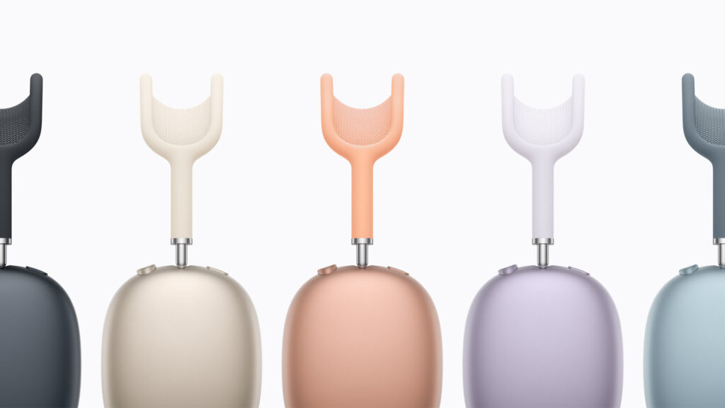 AirPods Max 2 headband connectors and ear cup color options including blue, gold, orange, purple, and silver