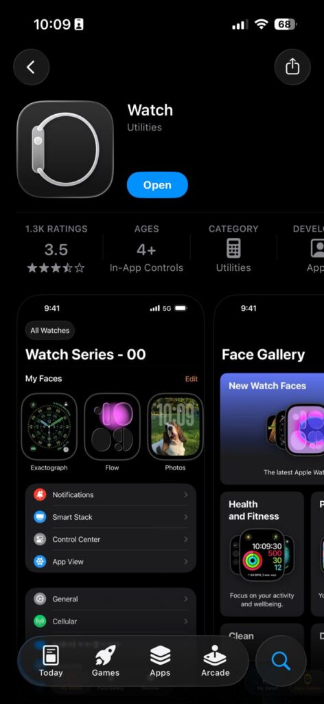Apple Watch app on iPhone App Store showing watch management interface used to pair or unpair Apple Watch