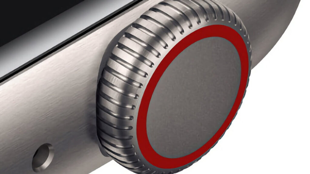 Close-up of Apple Watch Digital Crown button used during Apple Watch reset and navigation