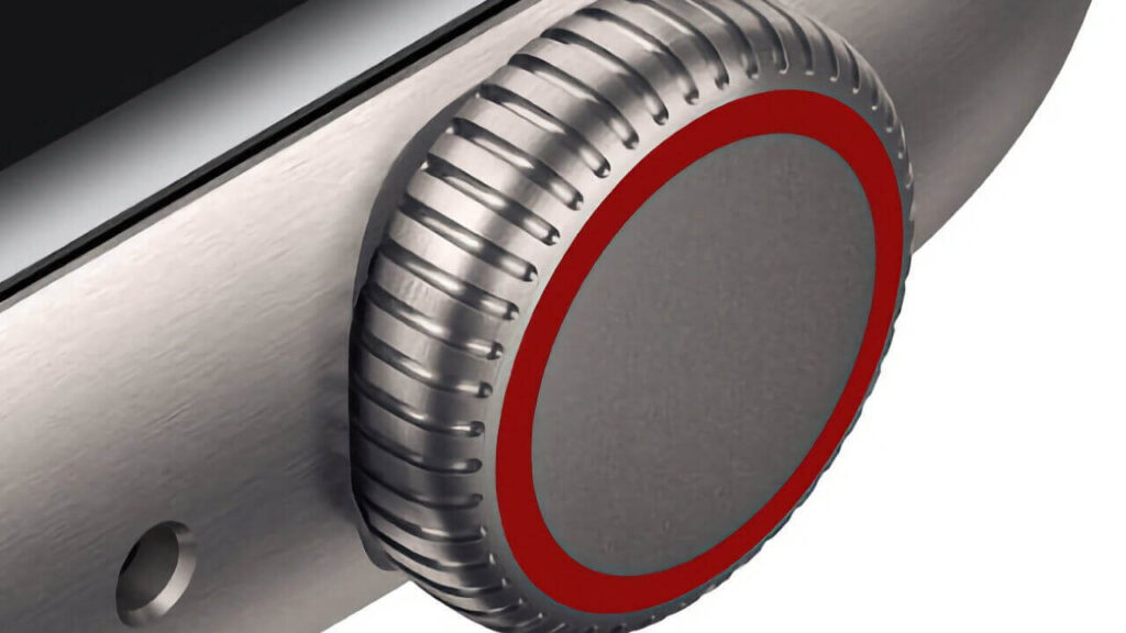 Close-up of Apple Watch Digital Crown and side button used to access the power off menu