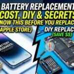 A split-screen comparison for iPhone battery replacement in 2026. The left side shows a degraded iPhone battery with a "Cost?" warning, while the right side shows a DIY repair using an iFixit kit with a "Save Money" label. High-contrast text reads "Know this before you replace!"
