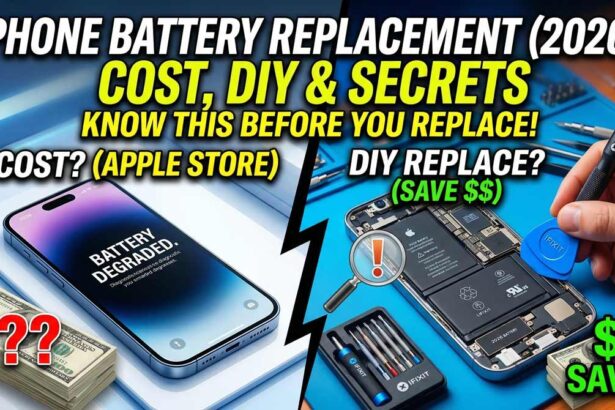 A split-screen comparison for iPhone battery replacement in 2026. The left side shows a degraded iPhone battery with a "Cost?" warning, while the right side shows a DIY repair using an iFixit kit with a "Save Money" label. High-contrast text reads "Know this before you replace!"
