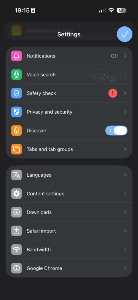 Google Chrome settings on iPhone showing privacy and security options to clear browsing data