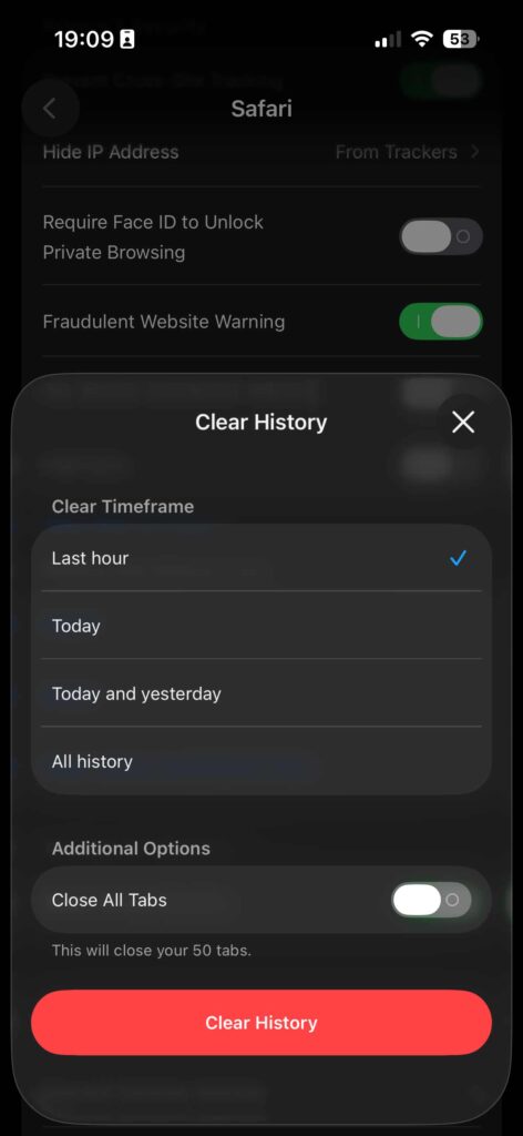 Clear history popup in Safari on iPhone showing options like last hour today yesterday and all history