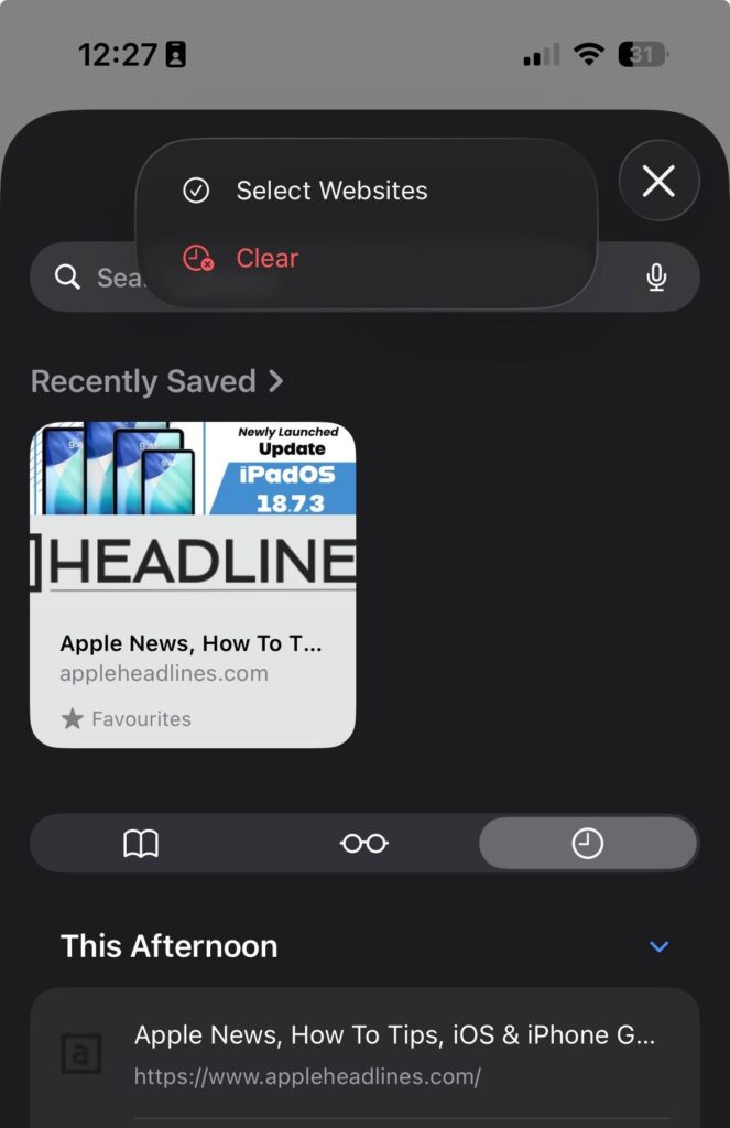 delete safari history iphone select websites clear option ios safari history screen