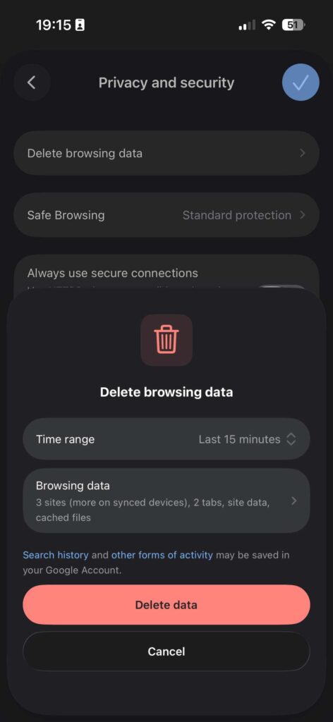 Delete browsing data popup in Google Chrome on iPhone showing time range and cached files option