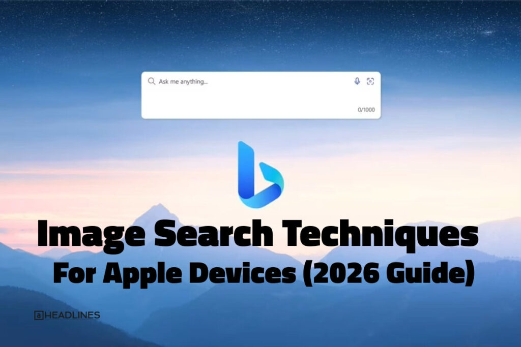Hidden image search techniques on Apple devices showing Bing search interface with guide for iPhone, iPad, and Mac users