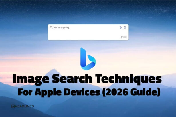 Hidden image search techniques on Apple devices showing Bing search interface with guide for iPhone, iPad, and Mac users