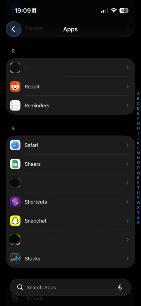 Apps list inside iPhone Settings showing installed apps to manage storage and clear cache on iPhone