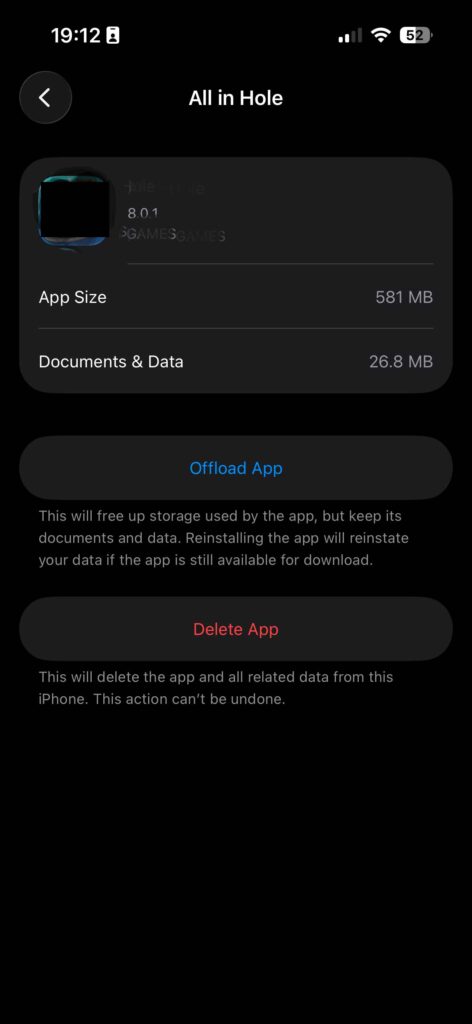 iPhone storage page showing offload app and delete app options to clear cached app data
