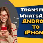 Woman using smartphone showing WhatsApp transfer from Android to iPhone concept