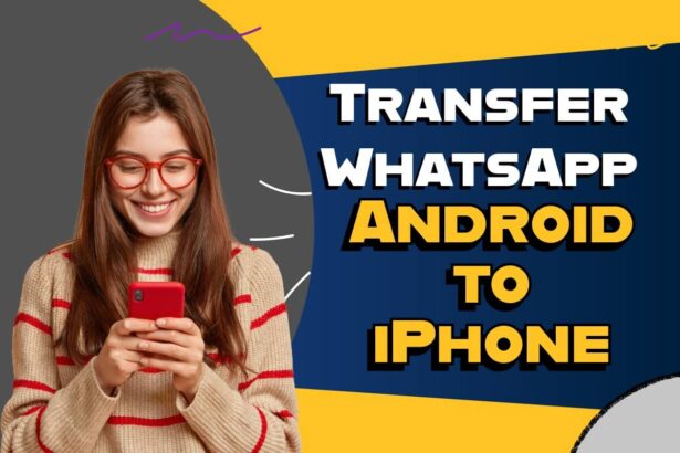 Woman using smartphone showing WhatsApp transfer from Android to iPhone concept
