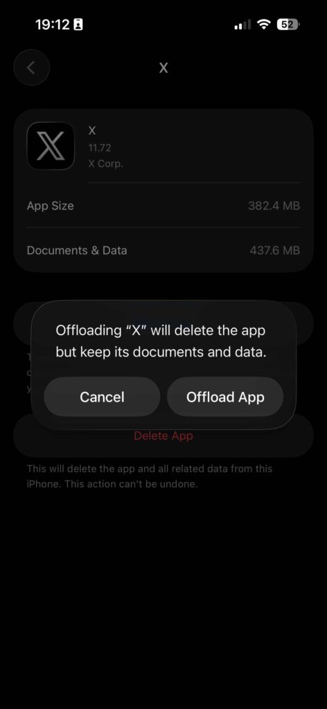 Offload app option on iPhone storage settings showing how to remove app cache while keeping documents and data