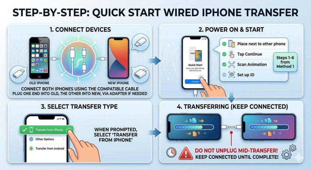 quick start wired iphone to iphone transfer using cable step by step