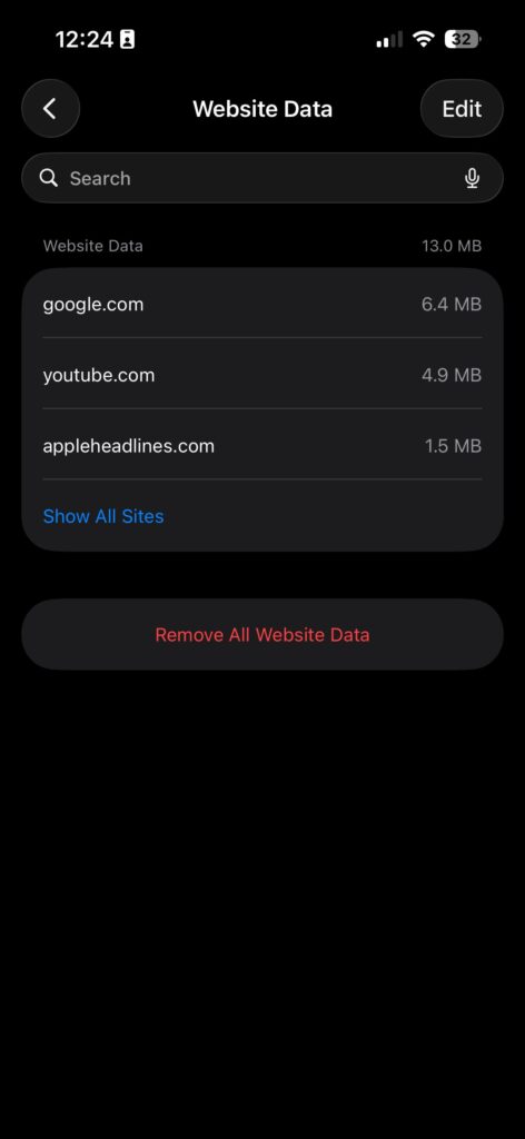 remove website data iphone safari google youtube cookies storage ios